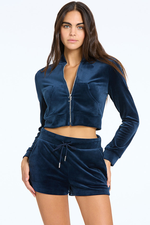 Juicy Couture Monogram Cropped Velour Bomber Μπουφαν γυναικεια μπλε | QBKD-48507