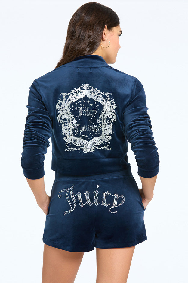 Juicy Couture Monogram Cropped Velour Bomber Μπουφαν γυναικεια μπλε | QBKD-48507