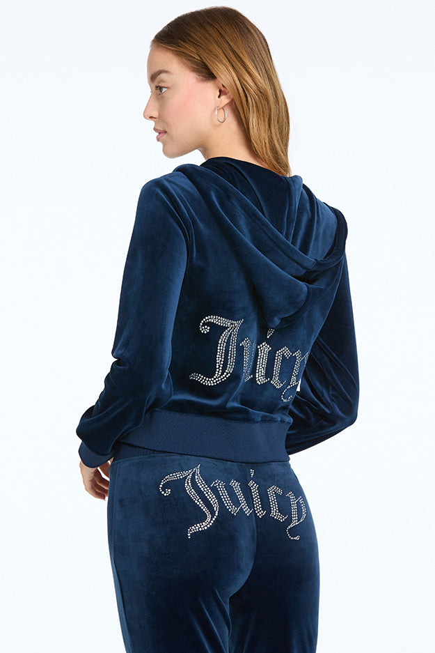 Juicy Couture OG Big Bling Velour Φουτερ με Κουκουλα γυναικεια μπλε | ENWP-13245