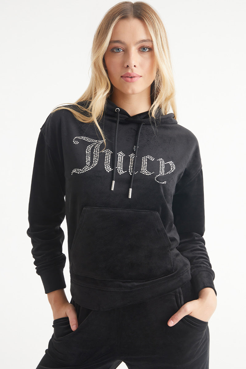 Juicy Couture Oversized Big Bling Velour Φουτερ με Κουκουλα γυναικεια Liquorice | HNLI-35429