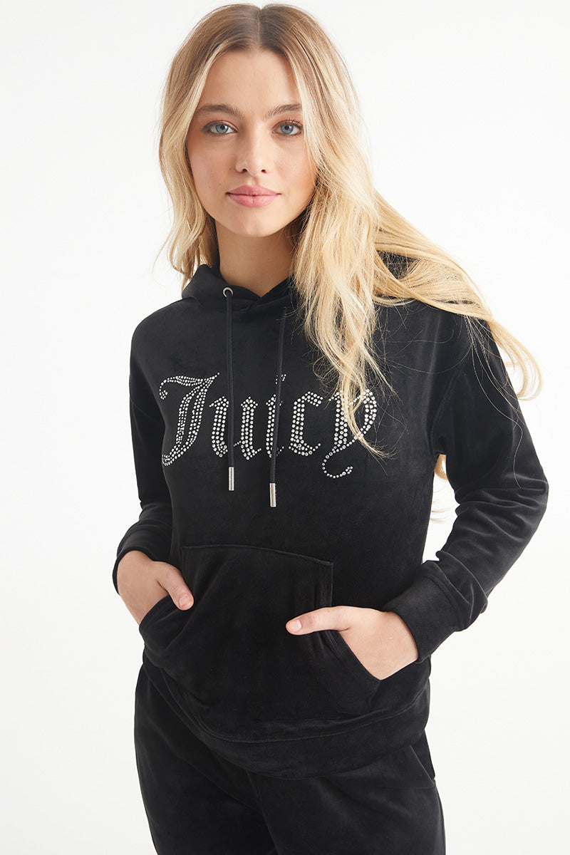 Juicy Couture Oversized Big Bling Velour Φουτερ με Κουκουλα γυναικεια Liquorice | HNLI-35429