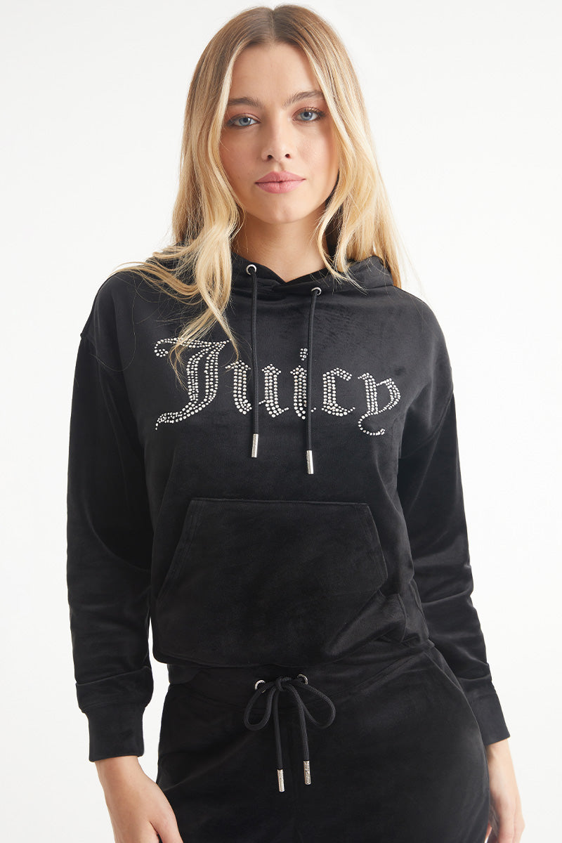 Juicy Couture Oversized Big Bling Velour Φουτερ με Κουκουλα γυναικεια Liquorice | HNLI-35429