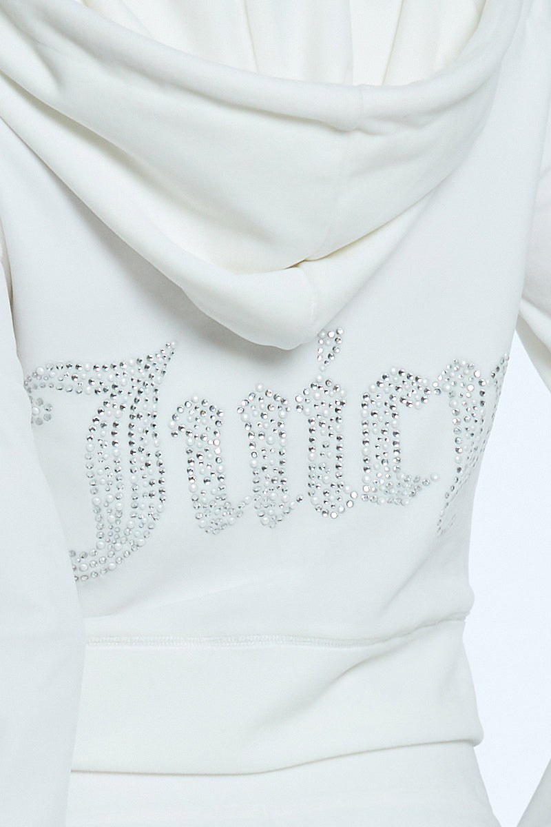 Juicy Couture Pearly Big Bling Velour Φουτερ με Κουκουλα γυναικεια κρέμα | HSEB-42793